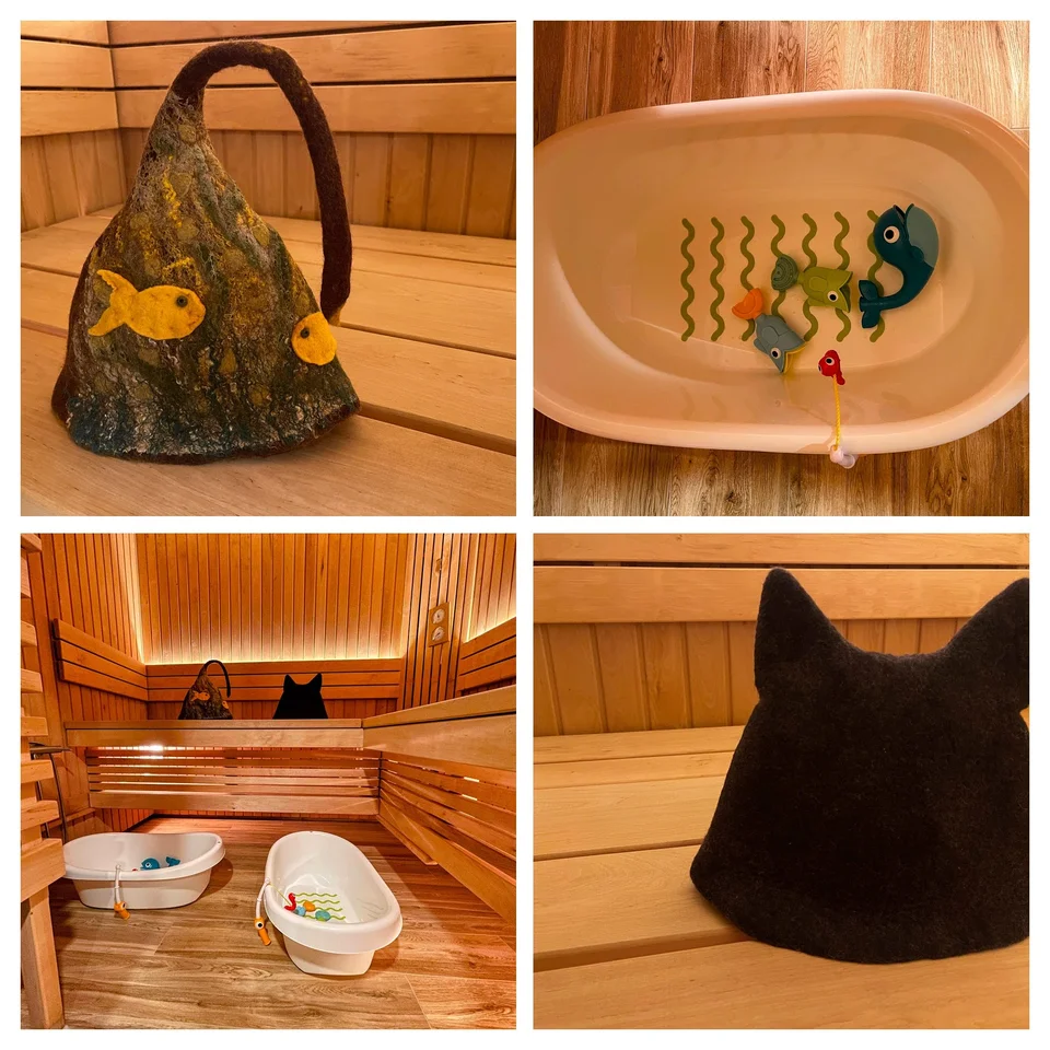 Preping for sauna with kids - entertaining wool hats, small bathtubs, water toys - everything adds up for a pleasent child experience