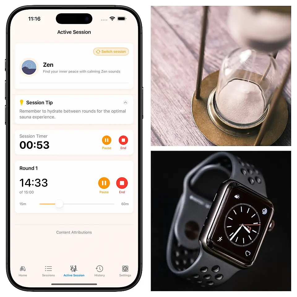 Modern and traditional sauna timers - Sauna Assistant App and Glass Timer
