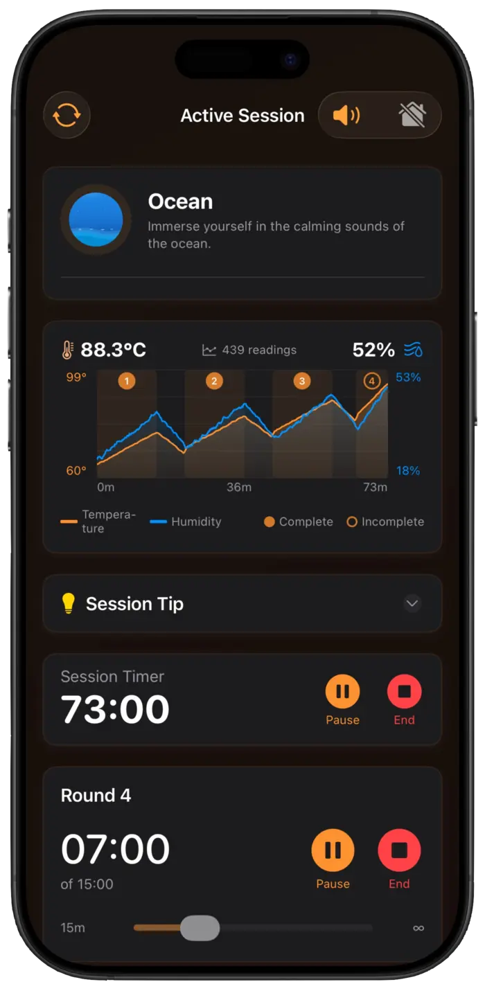 Sauna Assistant App Preview on iPhone showing session timer, Apple HomeKit controls, sauna tracker, and ambient music selection