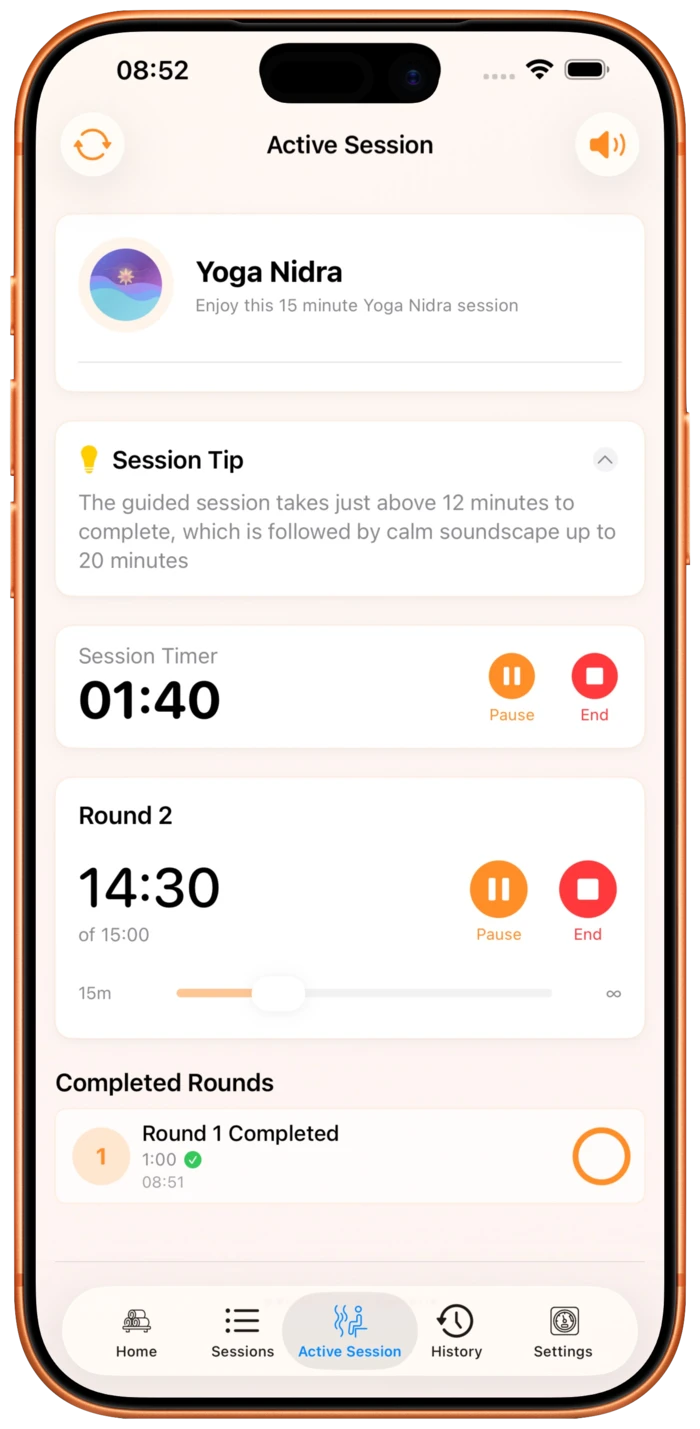 Sauna Assistant App Preview on iPhone showing session timer, Apple HomeKit controls, sauna tracker, and ambient music selection