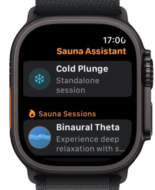 Sauna Assistant Apple Watch cold plunge screen with timer and heart rate