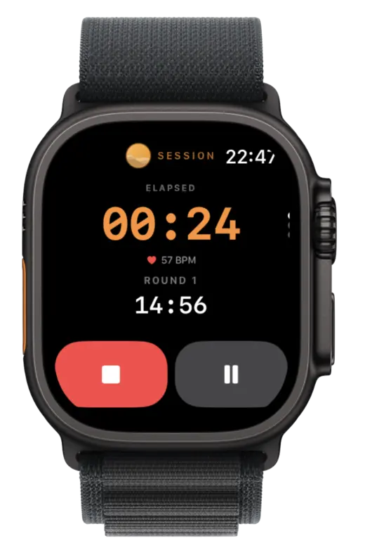 Sauna Assistant on Apple Watch showing heart rate and session timer