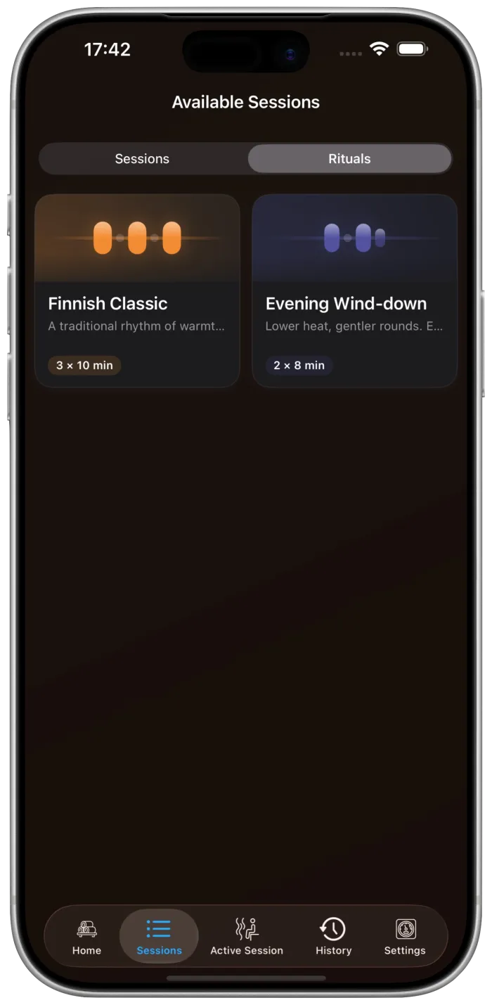 Sauna Assistant Guided Rituals picker with Finnish Classic and Evening Wind-Down sessions