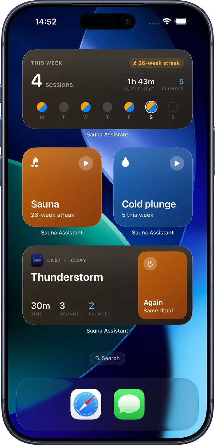 Sauna Assistant Home Screen widgets showing this week's sessions and streak, Quick Start buttons for sauna and cold plunge, and the last session with a one-tap repeat