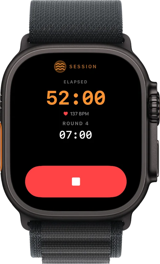 Sauna Assistant on Apple Watch showing the same live session — heart rate and round timer in sync